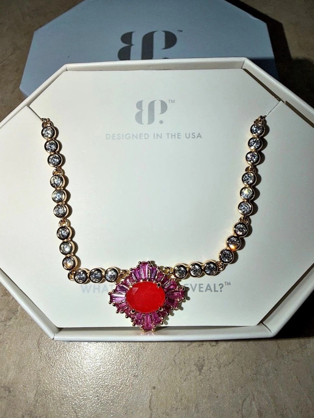 Bomb Party Necklace-Cushion Royal Coral Tourmaline on Gold NK72042